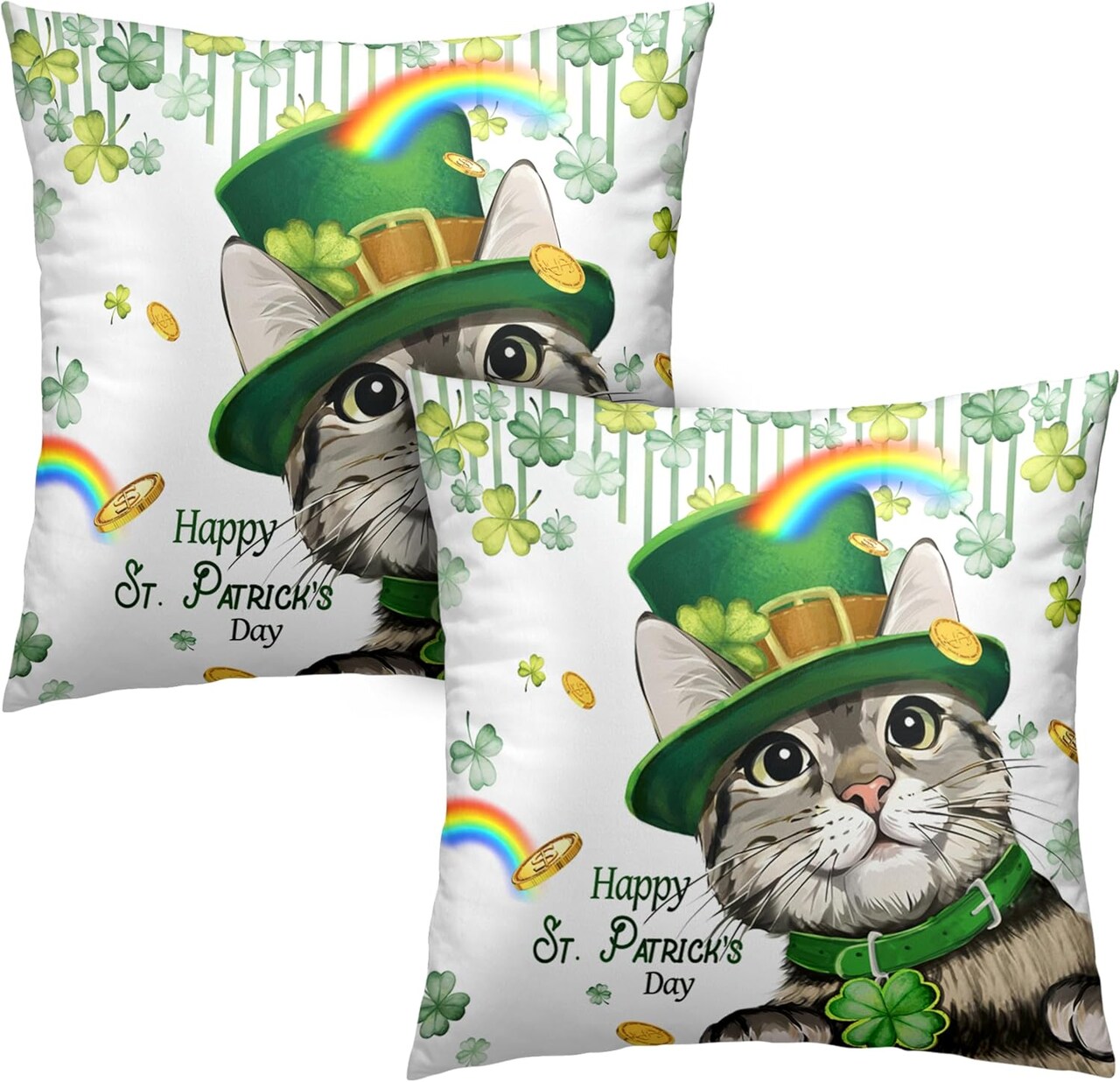 Happy St Patricks Day Pillows Covers 18x18 Pack of 2 Lucky Cat Clover Pillow Covers Rainbow Gold Coin Shamrock Decorative Pillow Cases Cushion Case for Living Room Couch Sofa